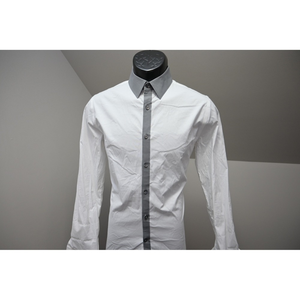 Express 1MX Dress Shirt Mens Small White Grey Excellent Fitted Stretch Casual